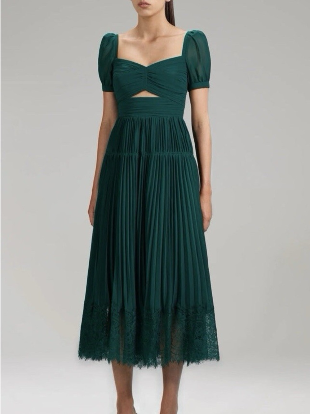 Self-Portrait Deep Green Pleated Midi Dress with Puff Sleeves